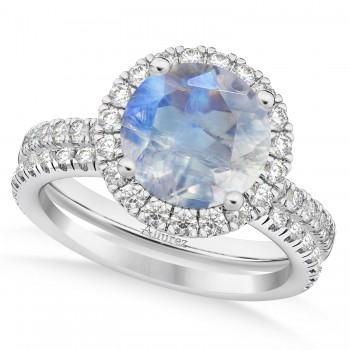 Moonstone & Diamond Round-Cut Halo Bridal Set Palladium (3.17ct)