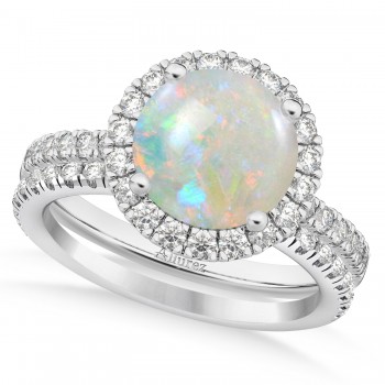 Opal & Diamond Round-Cut Halo Bridal Set 14K White Gold (2.07ct)