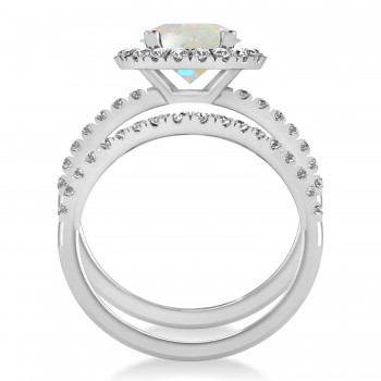 Opal & Diamond Round-Cut Halo Bridal Set 14K White Gold (2.07ct)