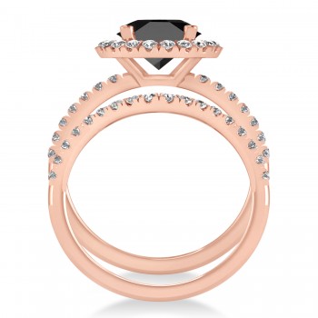 Onyx & Diamond Round-Cut Halo Bridal Set 14K Rose Gold (3.17ct)