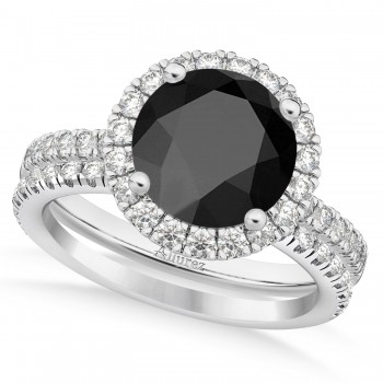 Onyx & Diamond Round-Cut Halo Bridal Set 14K White Gold (3.17ct)