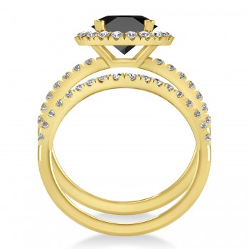 Onyx & Diamond Round-Cut Halo Bridal Set 14K Yellow Gold (3.17ct)