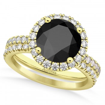 Onyx & Diamond Round-Cut Halo Bridal Set 18K Yellow Gold (3.17ct)