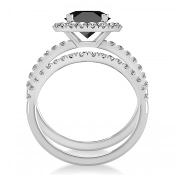 Onyx & Diamond Round-Cut Halo Bridal Set Platinum (3.17ct)