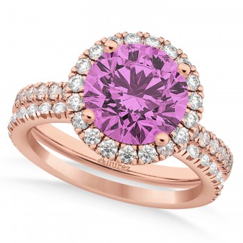 Pink Sapphire & Diamond Round-Cut Halo Bridal Set 14K Rose Gold (3.07ct)