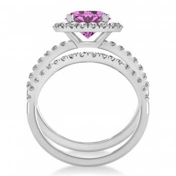 Pink Sapphire & Diamond Round-Cut Halo Bridal Set 14K White Gold (3.07ct)