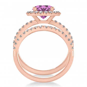 Pink Sapphire & Diamond Round-Cut Halo Bridal Set 18K Rose Gold (3.07ct)