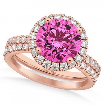 Pink Tourmaline & Diamond Round-Cut Halo Bridal Set 14K Rose Gold (2.77ct)