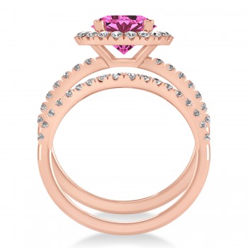 Pink Tourmaline & Diamond Round-Cut Halo Bridal Set 14K Rose Gold (2.77ct)
