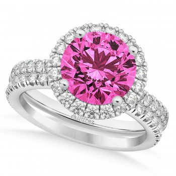 Pink Tourmaline & Diamond Round-Cut Halo Bridal Set 14K White Gold (2.77ct)