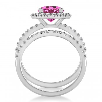 Pink Tourmaline & Diamond Round-Cut Halo Bridal Set 14K White Gold (2.77ct)