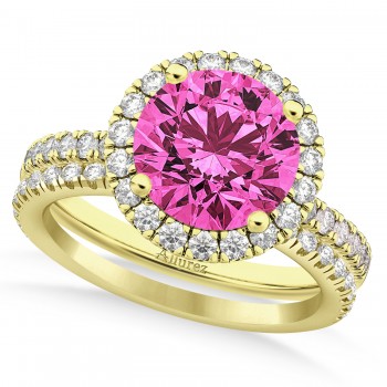 Pink Tourmaline & Diamond Round-Cut Halo Bridal Set 14K Yellow Gold (2.77ct)