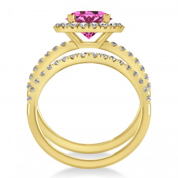 Pink Tourmaline & Diamond Round-Cut Halo Bridal Set 14K Yellow Gold (2.77ct)