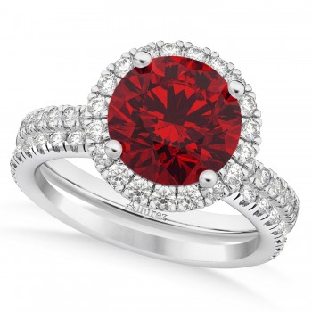 Ruby & Diamond Round-Cut Halo Bridal Set 14K White Gold (3.07ct)