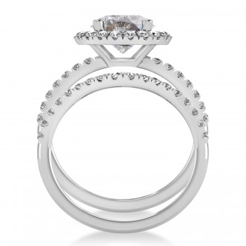 Salt & Pepper & White Diamond Round-Cut Halo Bridal Set 14K White Gold (2.77ct)