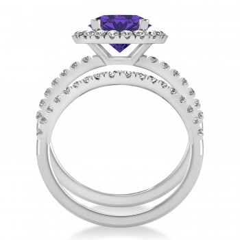 Tanzanite & Diamond Round-Cut Halo Bridal Set 14K White Gold (3.07ct)