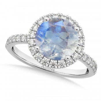 Halo Moonstone & Diamond Engagement Ring 14K White Gold 2.90ct