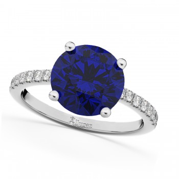 Lab Blue Sapphire & Diamond Engagement Ring 18K White Gold 2.51ct
