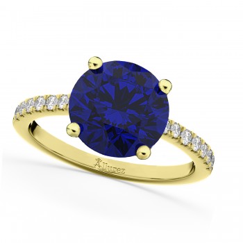 Lab Blue Sapphire & Diamond Engagement Ring 18K Yellow Gold 2.51ct