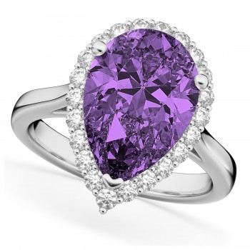 Pear Cut Halo Amethyst & Diamond Engagement Ring 14K White Gold 5.44ct