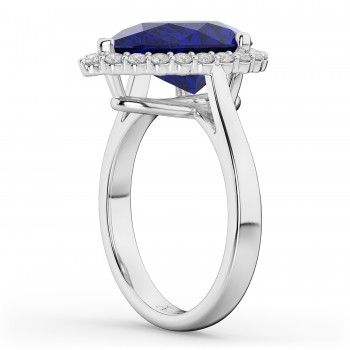 Pear Cut Halo Blue Sapphire & Diamond Engagement Ring 14K White Gold 8.34ct