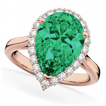 Pear Cut Halo Emerald & Diamond Engagement Ring 14K Rose Gold 6.54ct