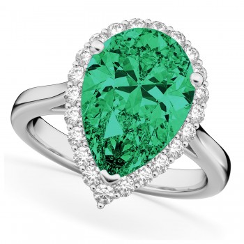 Pear Cut Halo Emerald & Diamond Engagement Ring 14K White Gold 6.54ct