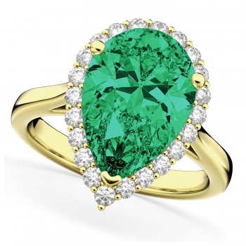 Pear Cut Halo Emerald & Diamond Engagement Ring 14K Yellow Gold 6.54ct