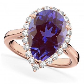 Pear Cut Halo Lab Alexandrite & Diamond Engagement Ring 14K Rose Gold 5.44ct