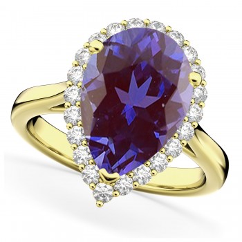 Pear Cut Halo Lab Alexandrite & Diamond Engagement Ring 14K Yellow Gold 5.44ct