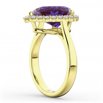 Pear Cut Halo Lab Alexandrite & Diamond Engagement Ring 14K Yellow Gold 5.44ct