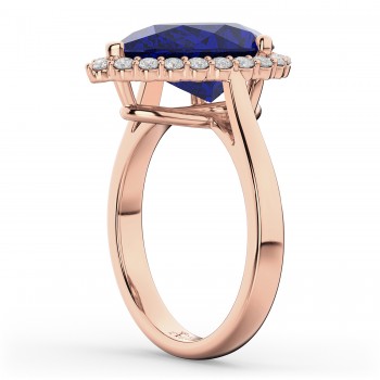 Pear Cut Halo Lab Blue Sapphire & Diamond Engagement Ring 14K Rose Gold 8.34ct