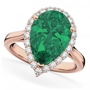 Pear Cut Halo Lab Emerald & Diamond Engagement Ring 14K Rose Gold 6.54ct