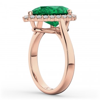 Pear Cut Halo Lab Emerald & Diamond Engagement Ring 14K Rose Gold 6.54ct