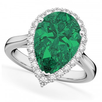 Pear Cut Halo Lab Emerald & Diamond Engagement Ring 14K White Gold 6.54ct