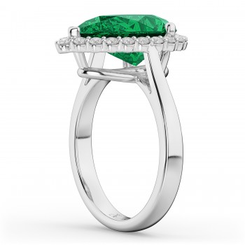 Pear Cut Halo Lab Emerald & Diamond Engagement Ring 14K White Gold 6.54ct