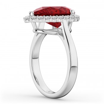 Pear Cut Halo Lab Ruby & Diamond Engagement Ring 14K White Gold 8.34ct