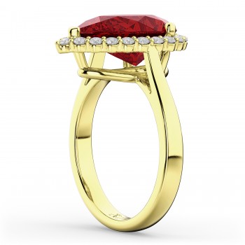 Pear Cut Halo Lab Ruby & Diamond Engagement Ring 14K Yellow Gold 8.34ct