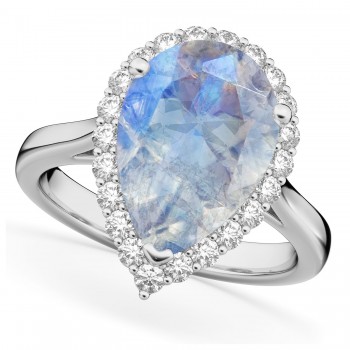 Pear Cut Halo Moonstone & Diamond Engagement Ring 14K White Gold 4.69ct