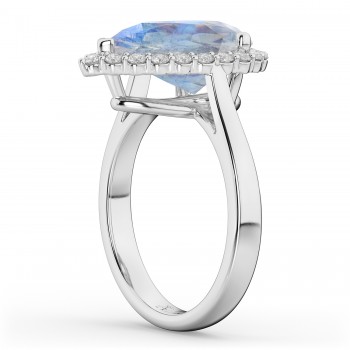 Pear Cut Halo Moonstone & Diamond Engagement Ring 14K White Gold 4.69ct