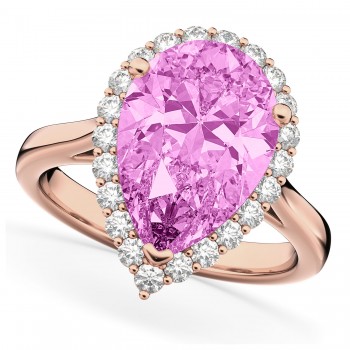 Pear Cut Halo Pink Sapphire & Diamond Engagement Ring 14K Rose Gold 8.34ct