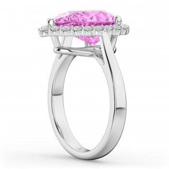 Pear Cut Halo Pink Sapphire & Diamond Engagement Ring 14K White Gold 8.34ct