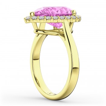 Pear Cut Halo Pink Sapphire & Diamond Engagement Ring 14K Yellow Gold 8.34ct