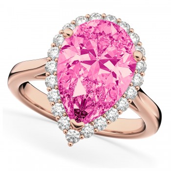 Pear Cut Halo Pink Tourmaline & Diamond Engagement Ring 14K Rose Gold 7.19ct