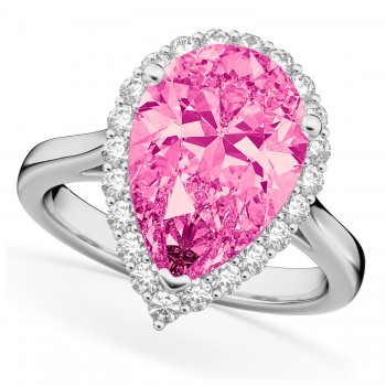 Pear Cut Halo Pink Tourmaline & Diamond Engagement Ring 14K White Gold 7.19ct