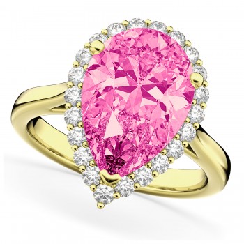 Pear Cut Halo Pink Tourmaline & Diamond Engagement Ring 14K Yellow Gold 7.19ct