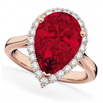 Pear Cut Halo Ruby & Diamond Engagement Ring 14K Rose Gold 8.34ct