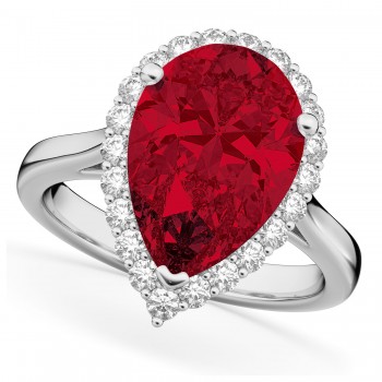 Pear Cut Halo Ruby & Diamond Engagement Ring 14K White Gold 8.34ct