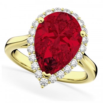 Pear Cut Halo Ruby & Diamond Engagement Ring 14K Yellow Gold 8.34ct