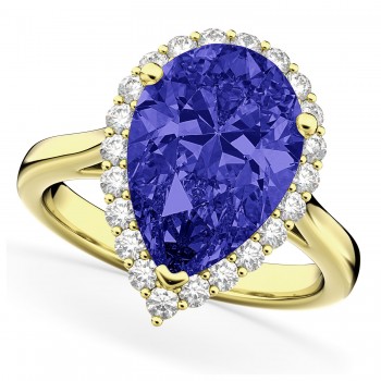 Pear Cut Halo Tanzanite & Diamond Engagement Ring 14K Yellow Gold 8.34ct